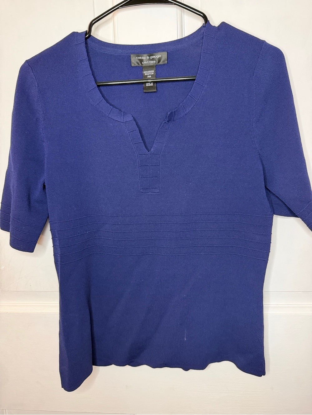 Cable & Gauge Petites PM Blue Cotton Ribbed Knit V-Neck SS Pullover Sweater